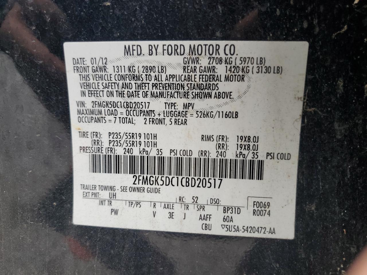 2012 Ford Flex Limited VIN: 2FMGK5DC1CBD20517 Lot: 83941775