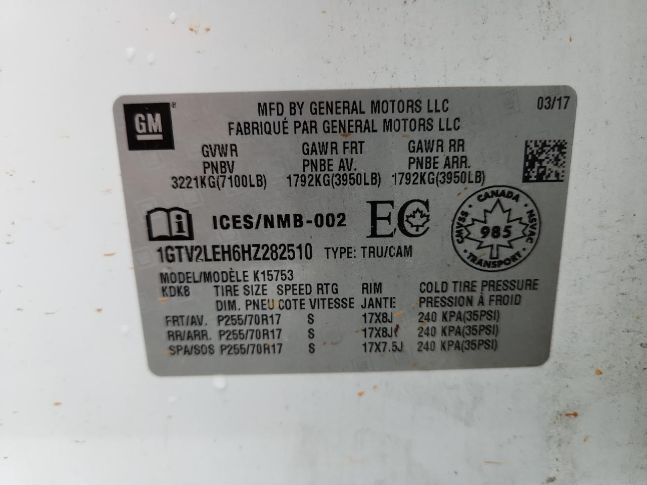 2017 GMC Sierra K1500 VIN: 1GTV2LEH6HZ282510 Lot: 70525925