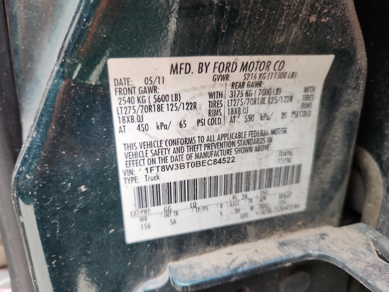 2011 Ford F350 Super Duty VIN: 1FT8W3BT0BEC84522 Lot: 84629845