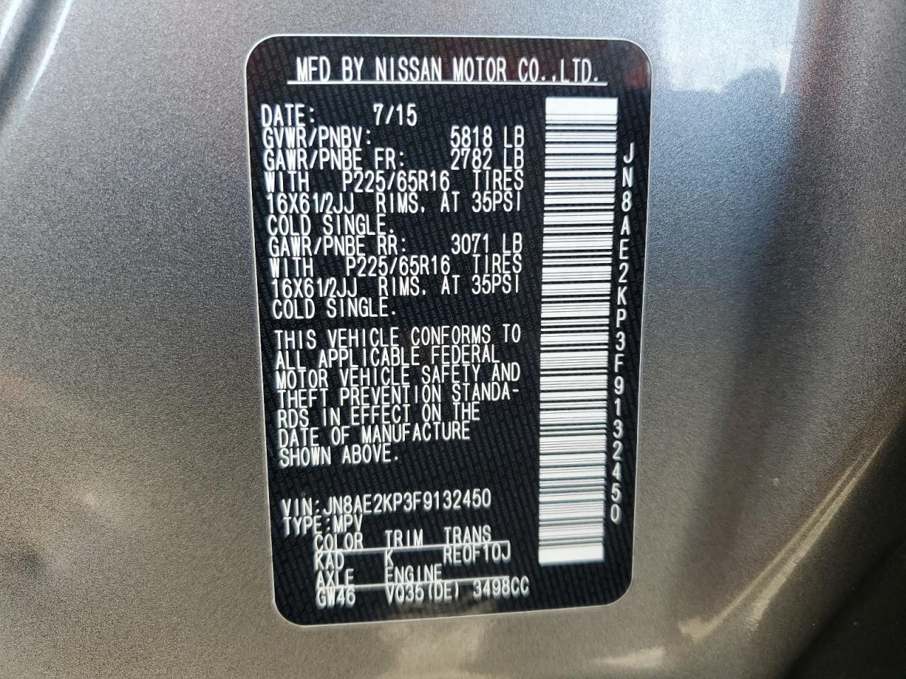 2015 Nissan Quest S VIN: JN8AE2KP3F9132450 Lot: 71207475