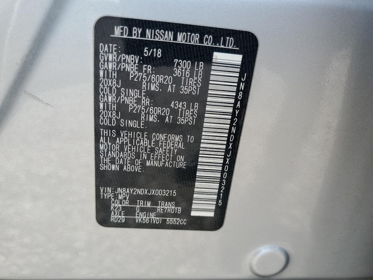 2018 Nissan Armada Sv VIN: JN8AY2NDXJX003215 Lot: 80344385