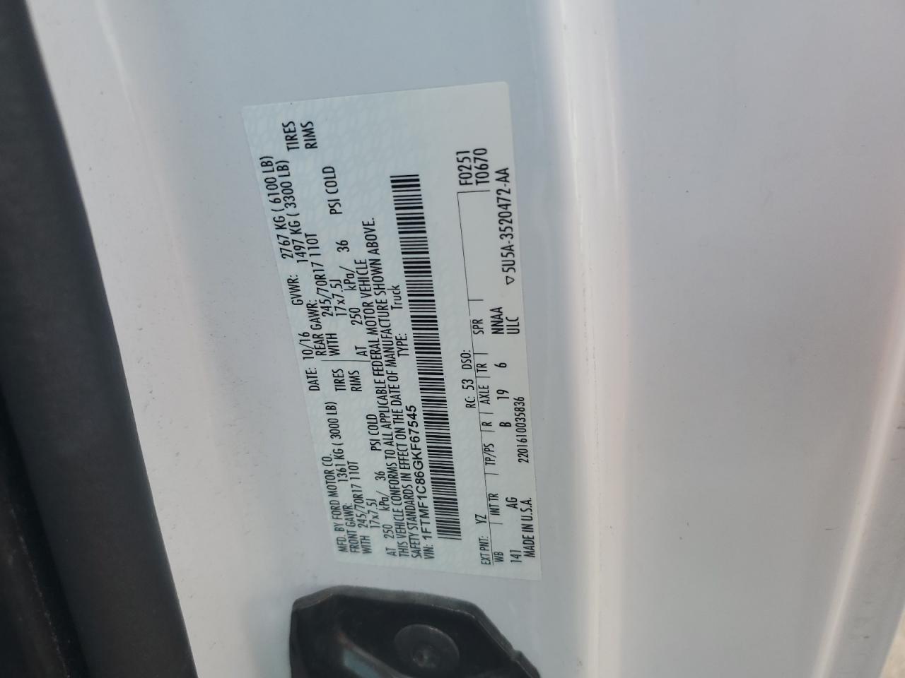 2016 Ford F150 VIN: 1FTMF1C86GKF67545 Lot: 82104945