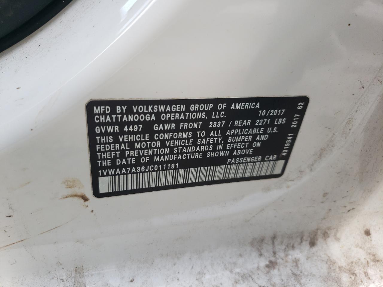 2018 Volkswagen Passat S VIN: 1VWAA7A36JC011181 Lot: 67871255