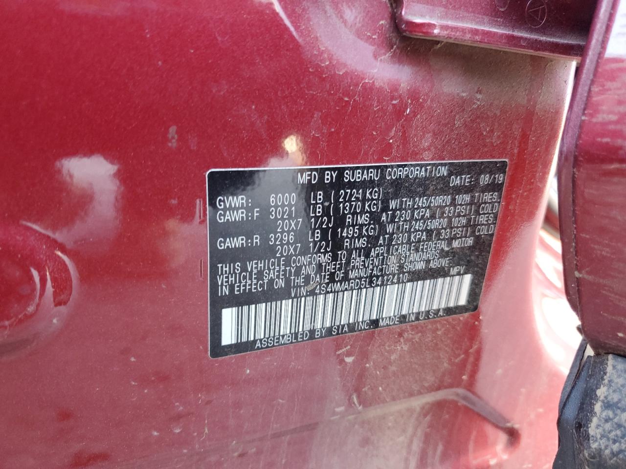 2020 Subaru Ascent Touring VIN: 4S4WMARD5L3412410 Lot: 84032725