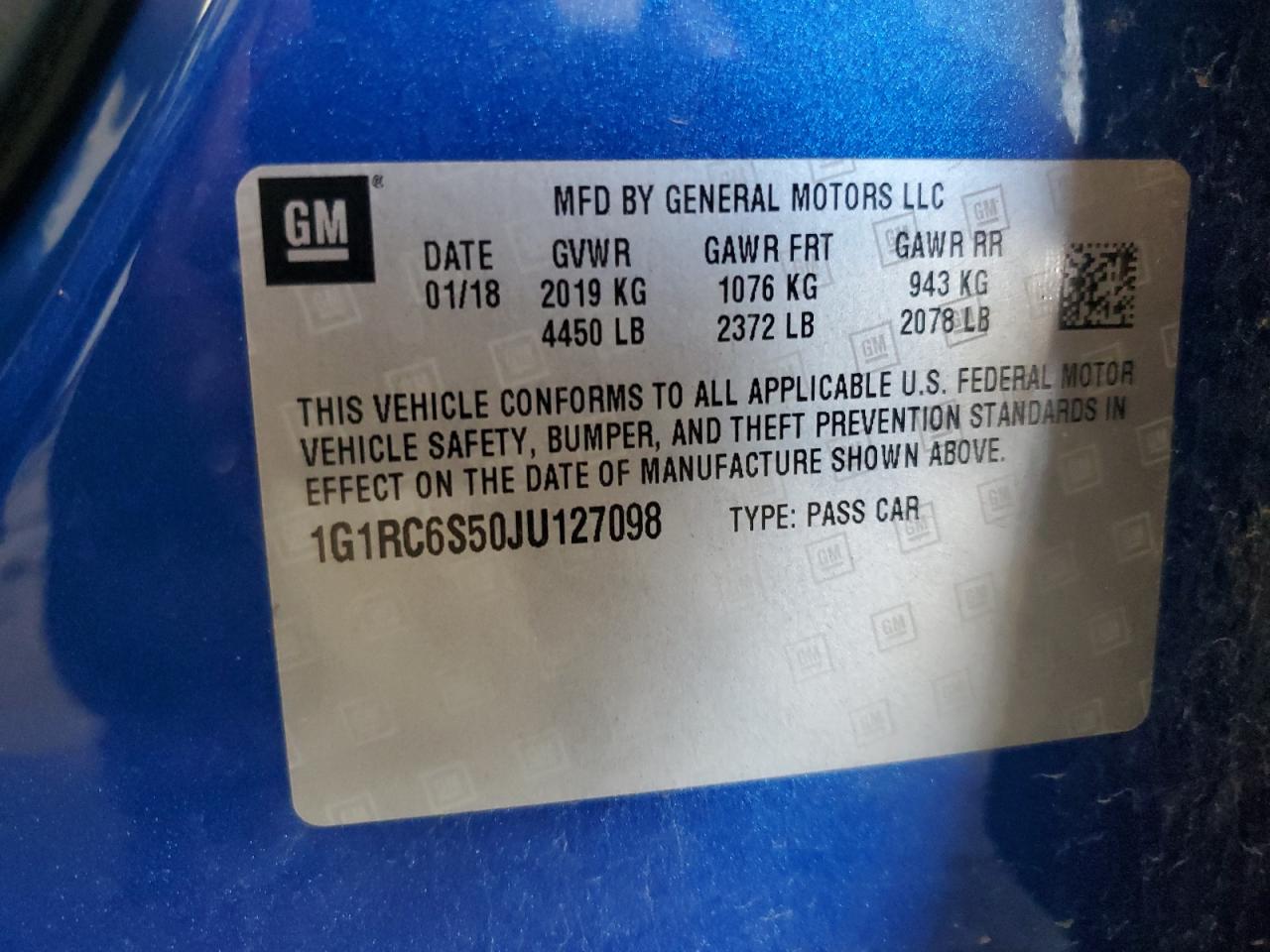 2018 Chevrolet Volt Lt VIN: 1G1RC6S50JU127098 Lot: 84020015