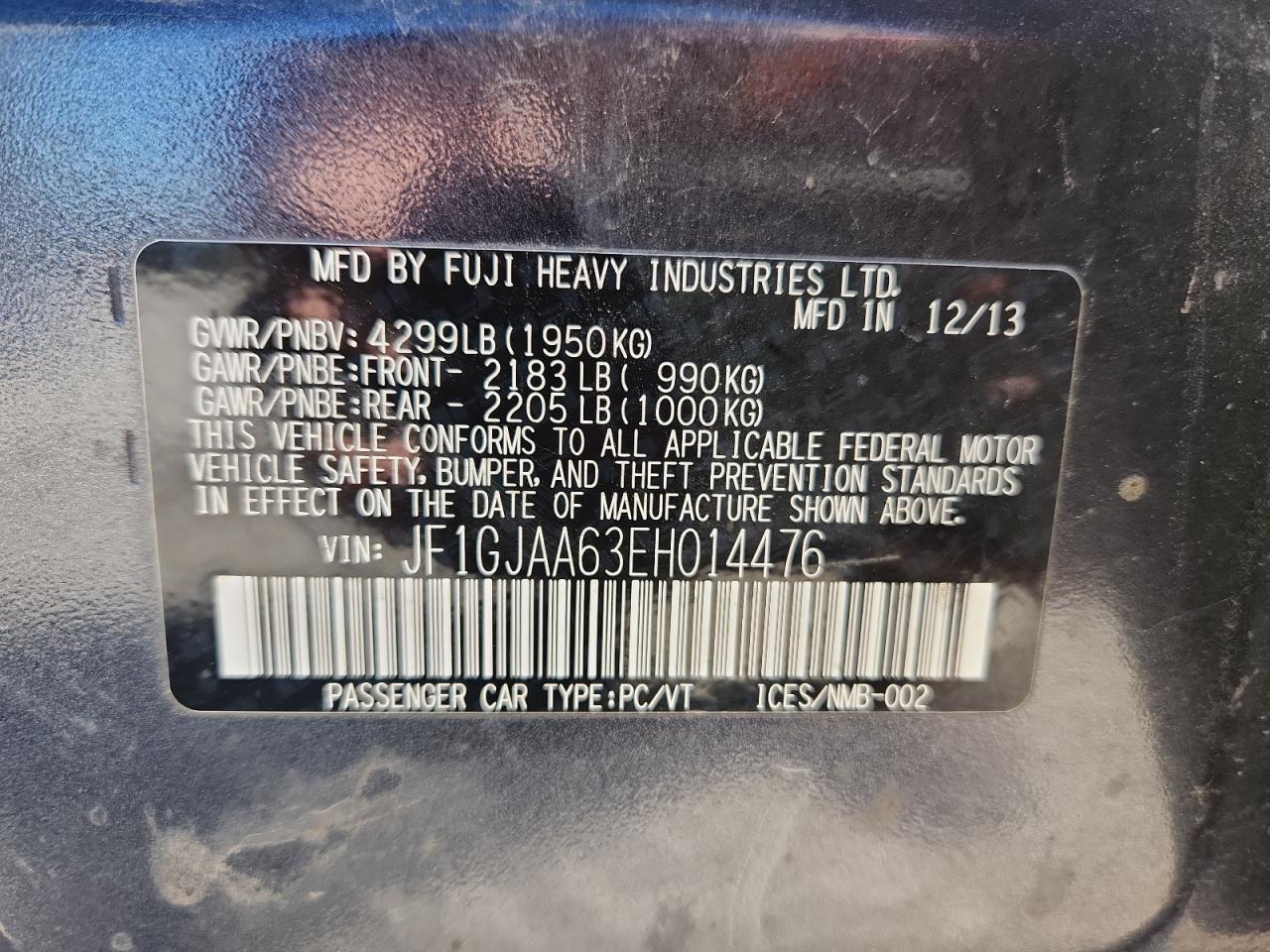 2014 Subaru Impreza VIN: JF1GJAA63EH014476 Lot: 81846205