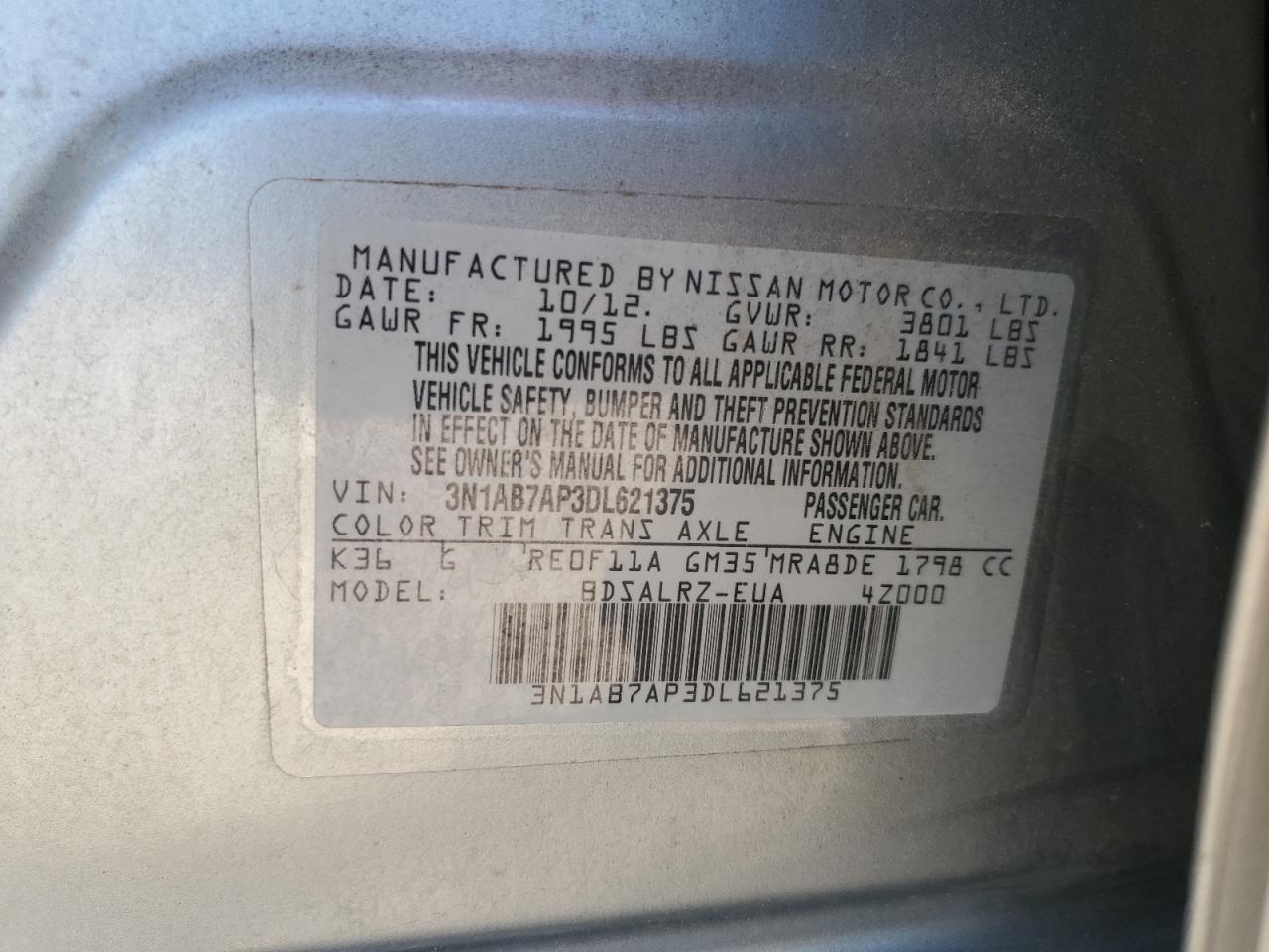 2013 Nissan Sentra S VIN: 3N1AB7AP3DL621375 Lot: 82159115