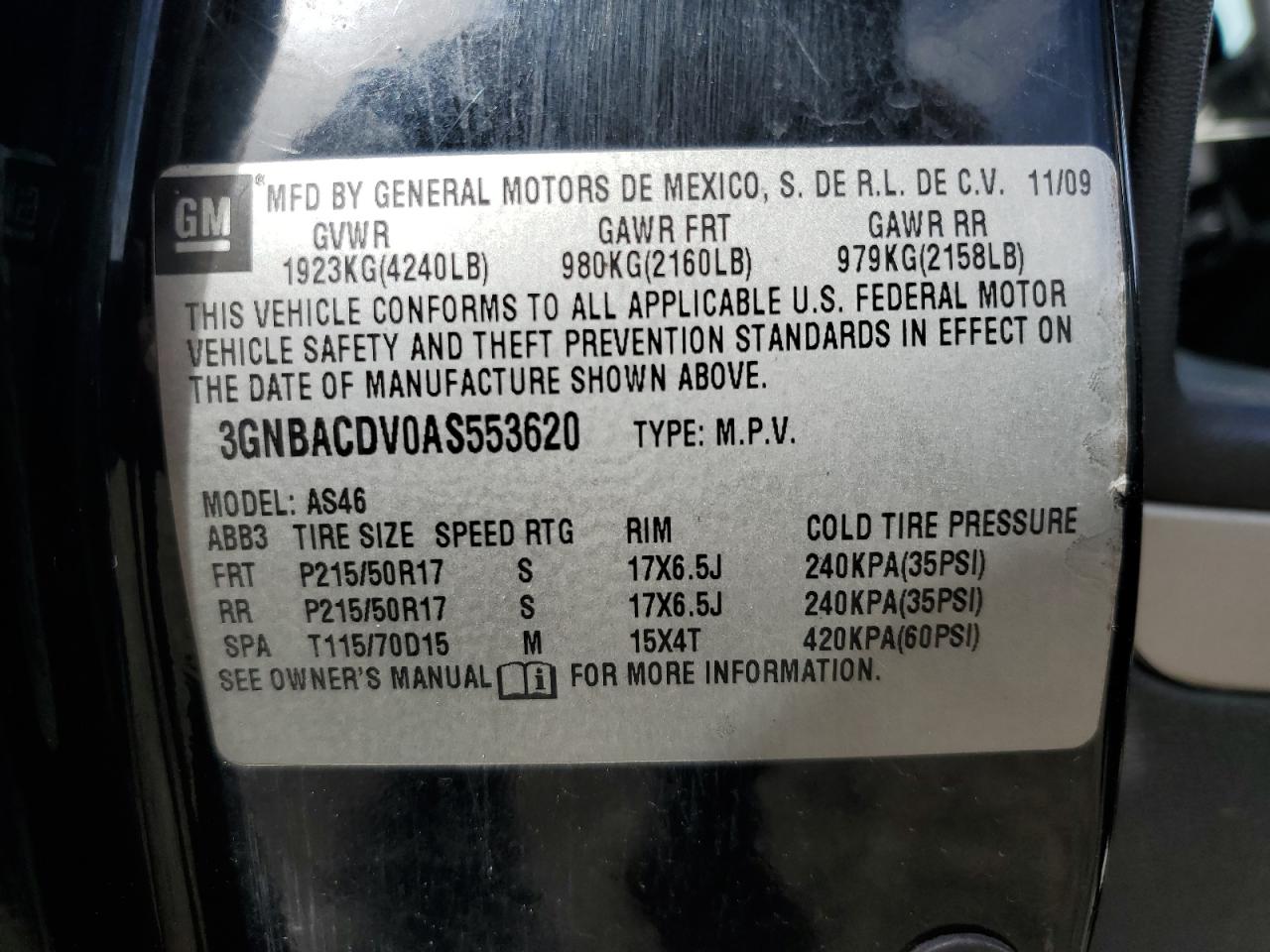 2010 Chevrolet Hhr Lt VIN: 3GNBACDV0AS553620 Lot: 83803495