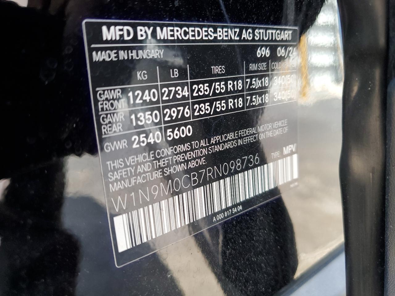 2024 Mercedes-Benz Eqb 250+ VIN: W1N9M0CB7RN098736 Lot: 85921835