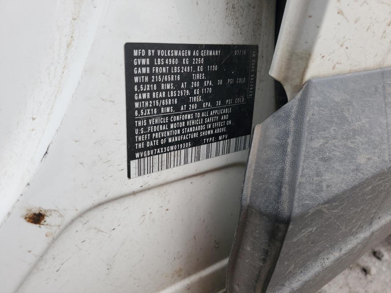 2016 Volkswagen Tiguan S VIN: WVGBV7AX3GW019305 Lot: 71133655
