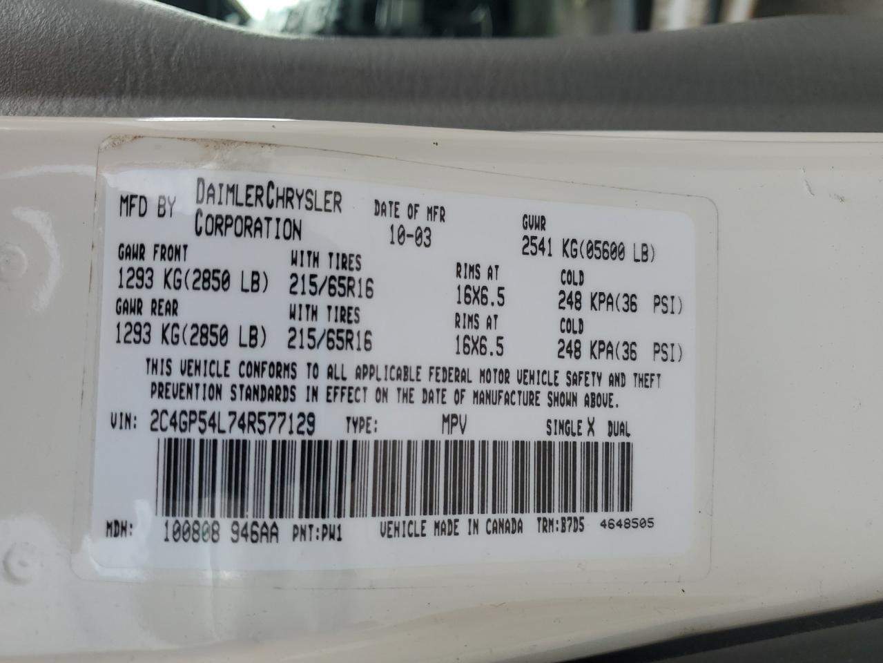 2004 Chrysler Town & Country Touring VIN: 2C4GP54L74R577129 Lot: 70805495