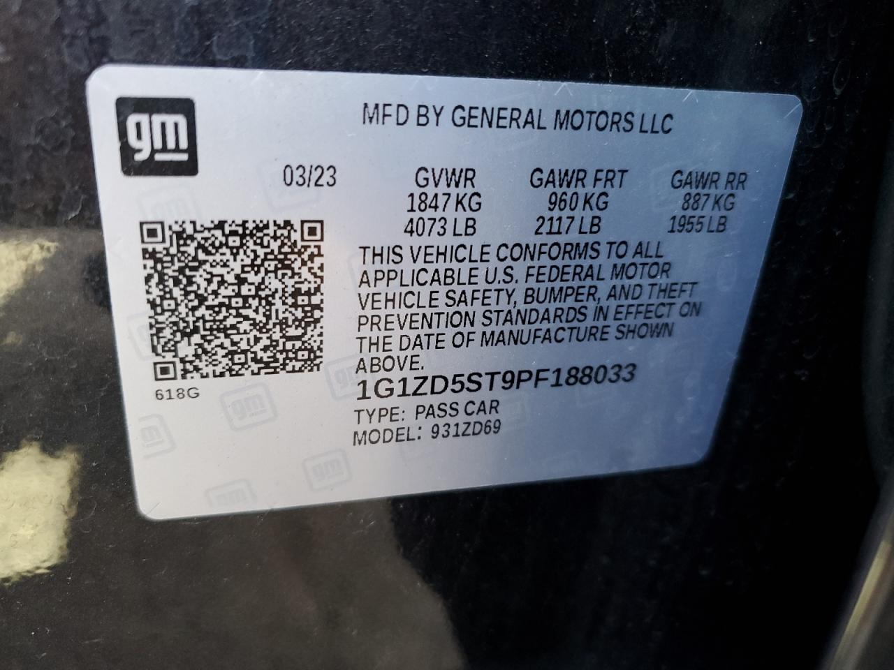 2023 Chevrolet Malibu Lt VIN: 1G1ZD5ST9PF188033 Lot: 84260965