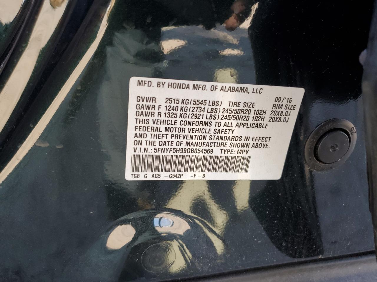 2016 Honda Pilot Touring VIN: 5FNYF5H99GB054569 Lot: 84059105