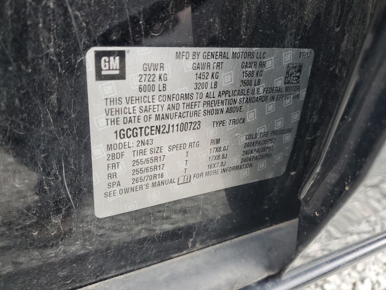 2018 Chevrolet Colorado Lt VIN: 1GCGTCEN2J1100723 Lot: 82118155