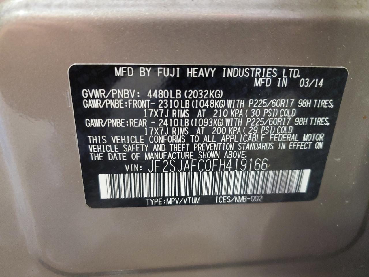 2015 Subaru Forester 2.5I Premium VIN: JF2SJAFC0FH419166 Lot: 84022595