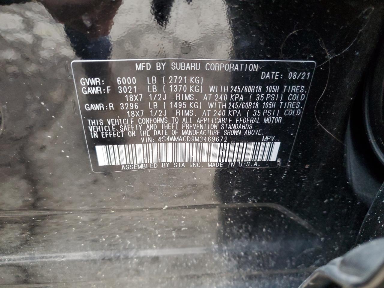 2021 Subaru Ascent Premium VIN: 4S4WMACD9M3469672 Lot: 71511985