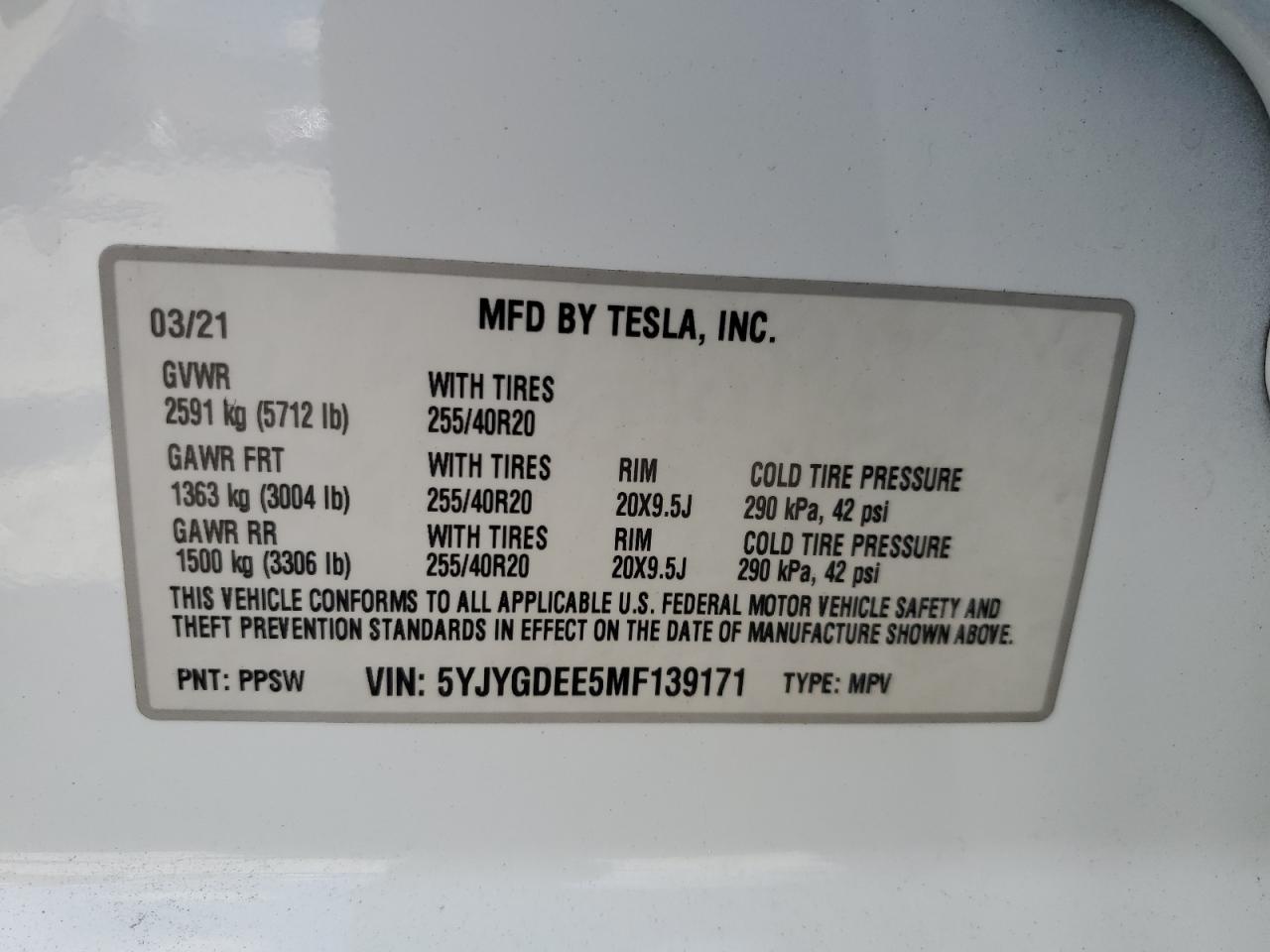 2021 Tesla Model Y VIN: 5YJYGDEE5MF139171 Lot: 80148115