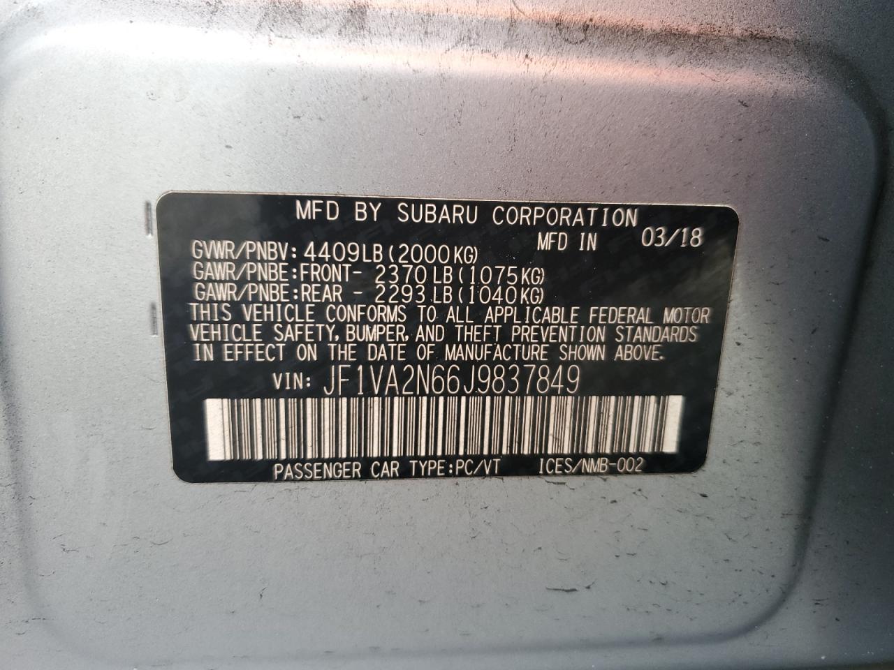 2018 Subaru Wrx Sti VIN: JF1VA2N66J9837849 Lot: 82108945