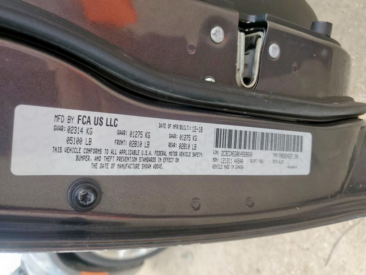 2019 Chrysler 300 Limited VIN: 2C3CCAEG8KH568600 Lot: 82101475