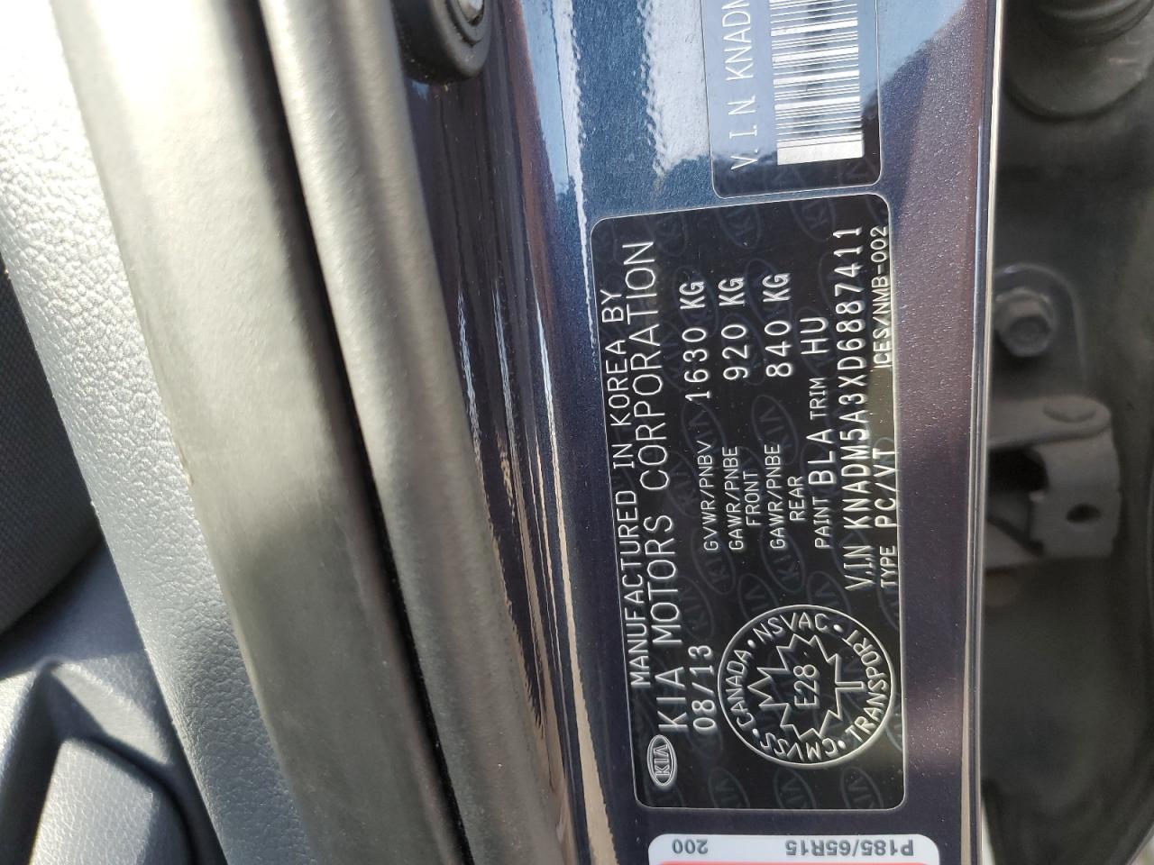 2013 Kia Rio Lx VIN: KNADM5A3XD6887411 Lot: 71750245