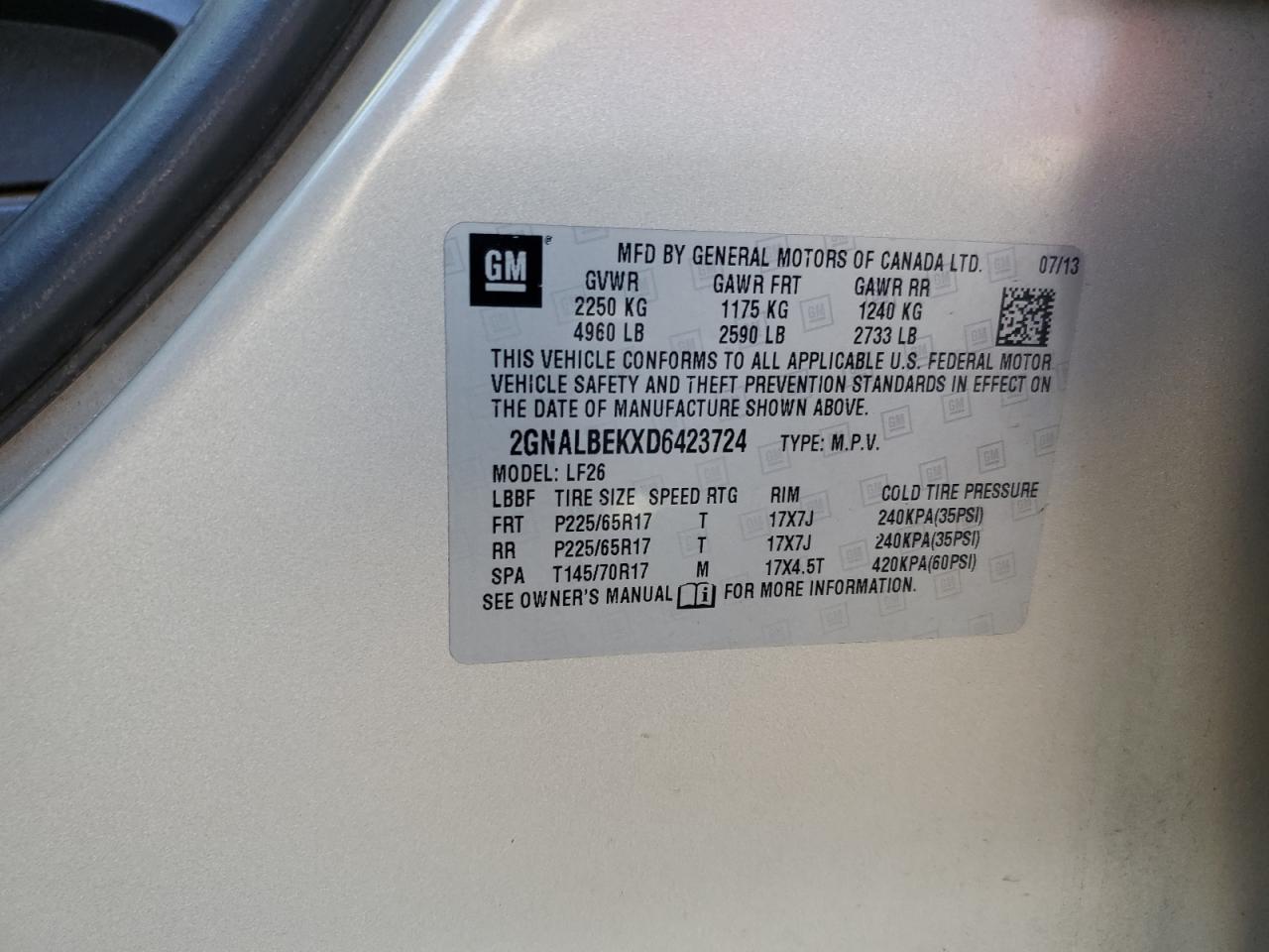 2013 Chevrolet Equinox Ls VIN: 2GNALBEKXD6423724 Lot: 71353015