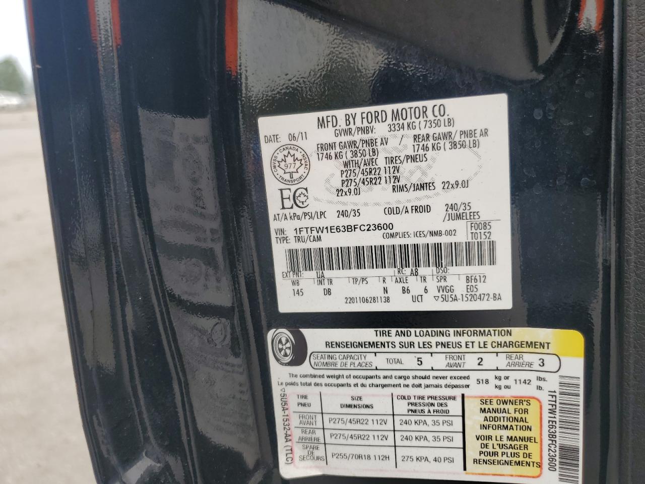 2011 Ford F150 Supercrew VIN: 1FTFW1E63BFC23600 Lot: 83784455