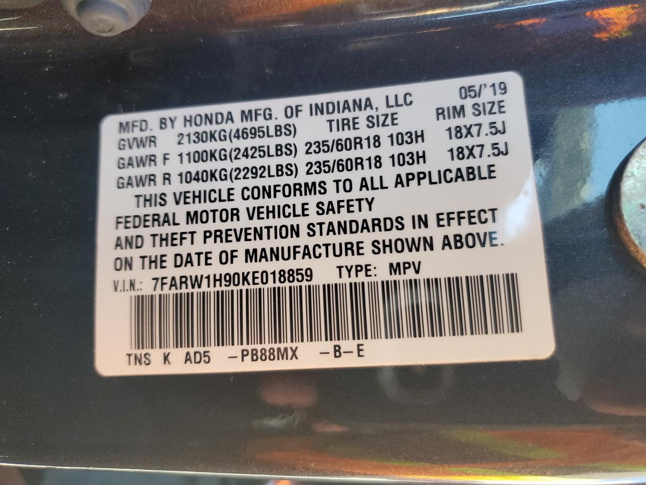 2019 Honda Cr-V Touring VIN: 7FARW1H90KE018859 Lot: 84455035