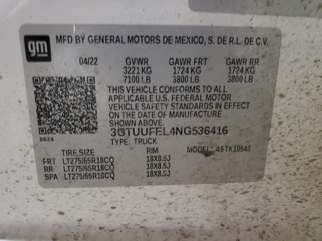 2022 GMC Sierra K1500 At4X VIN: 3GTUUFEL4NG536416 Lot: 84018275