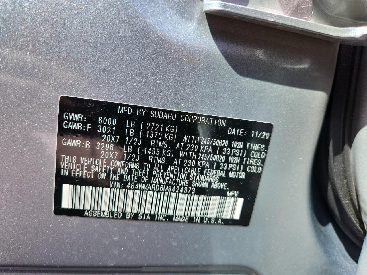 2021 Subaru Ascent Touring VIN: 4S4WMARD6M3424373 Lot: 81075455