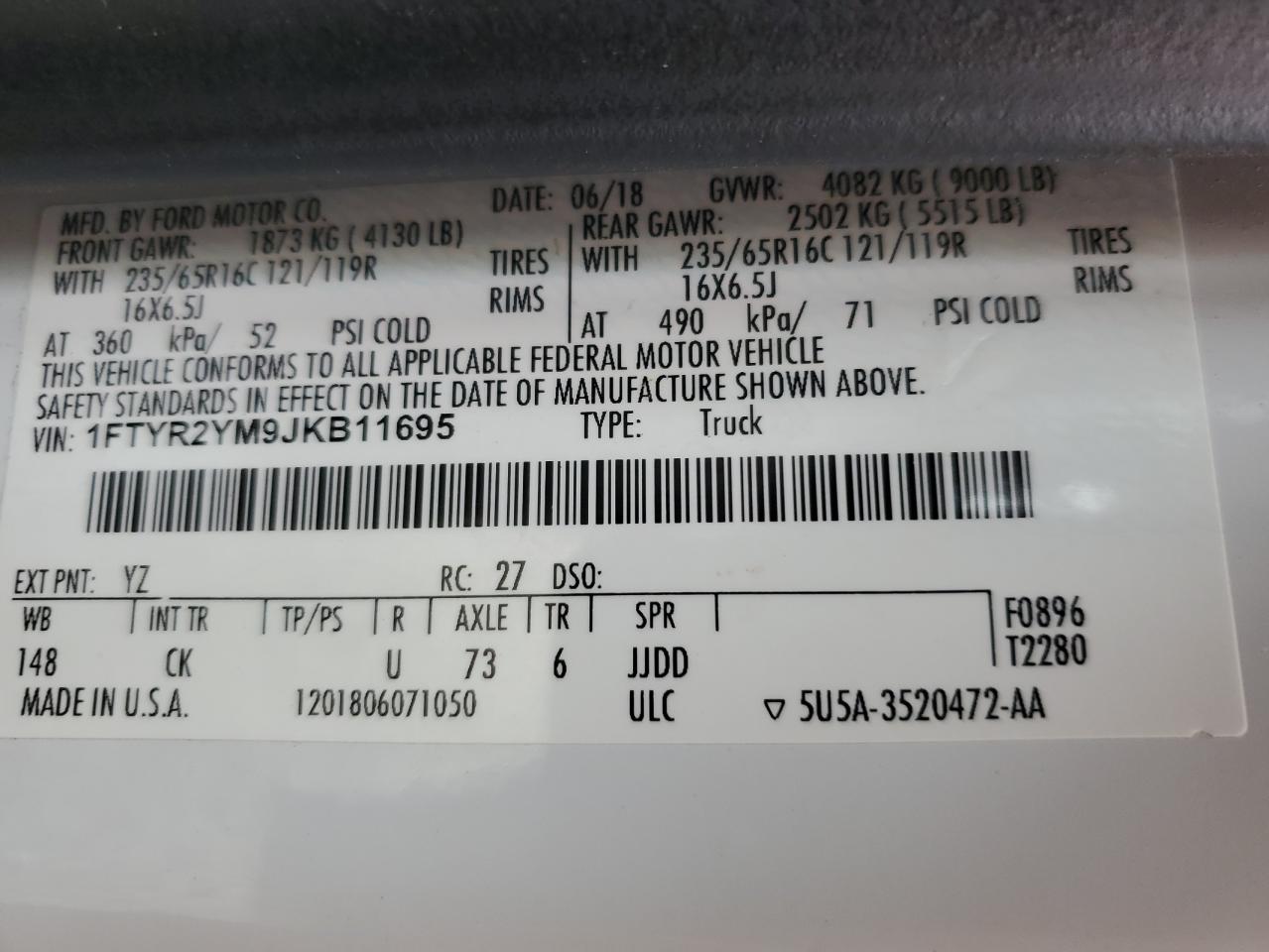 2018 Ford Transit T-250 VIN: 1FTYR2YM9JKB11695 Lot: 81609825