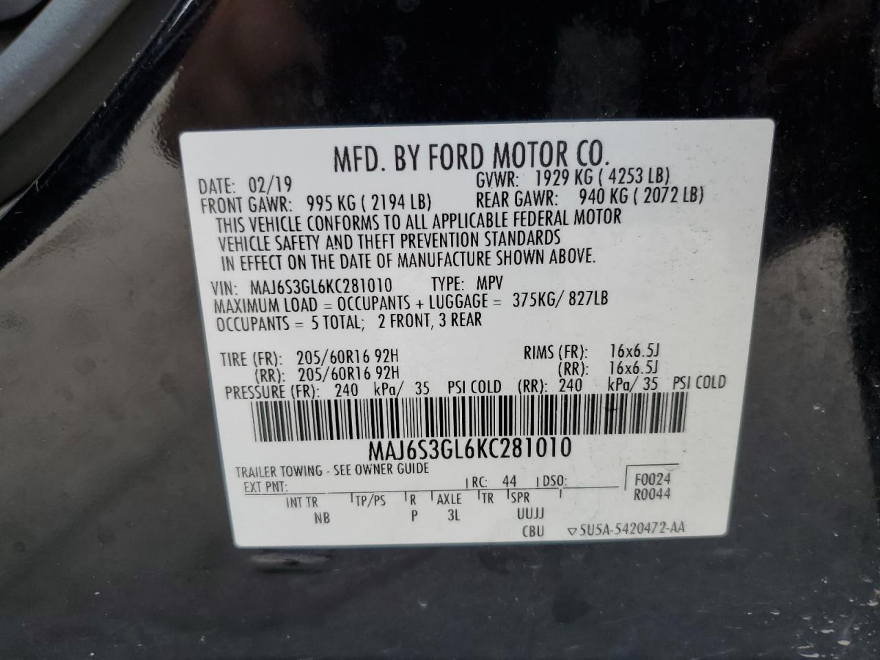 2019 Ford Ecosport Se VIN: MAJ6S3GL6KC281010 Lot: 84186545