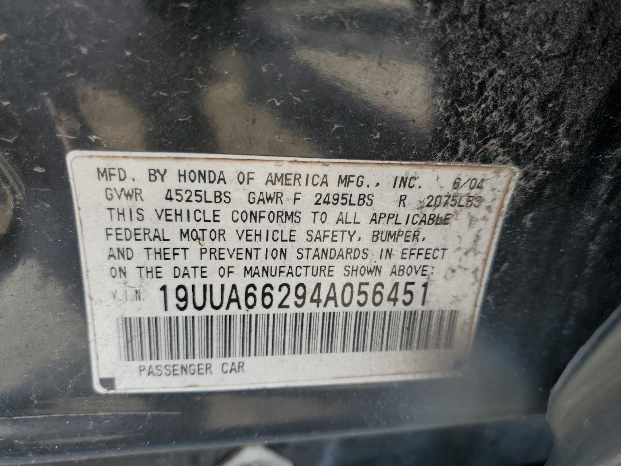 2004 Acura Tl VIN: 19UUA66294A056451 Lot: 84024715