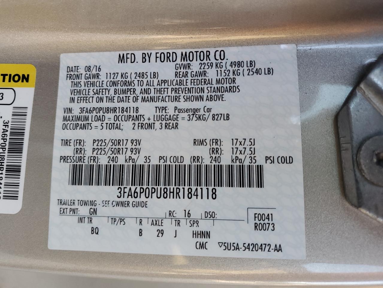 2017 Ford Fusion Se Phev VIN: 3FA6P0PU8HR184118 Lot: 83988885