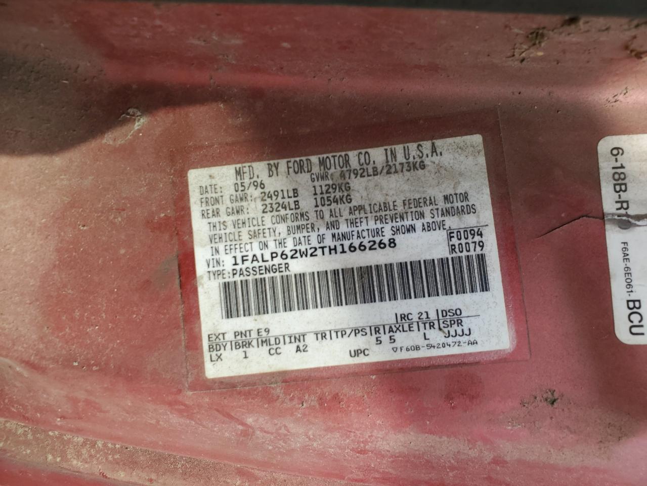1996 Ford Thunderbird Lx VIN: 1FALP62W2TH166268 Lot: 81401435