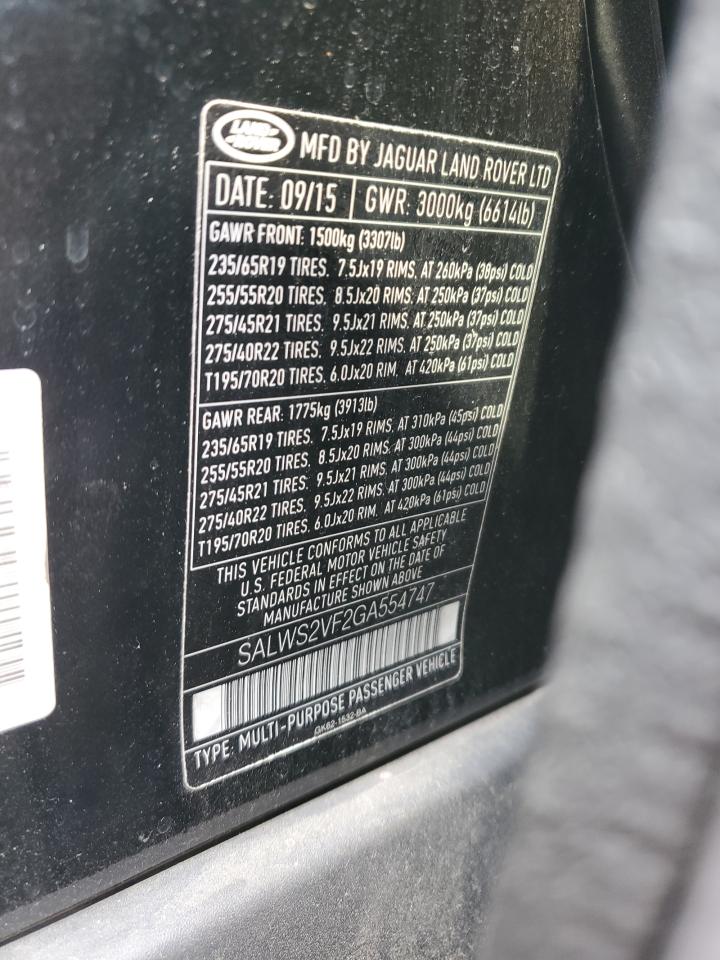 2016 Land Rover Range Rover Sport Hst VIN: SALWS2VF2GA554747 Lot: 81389425