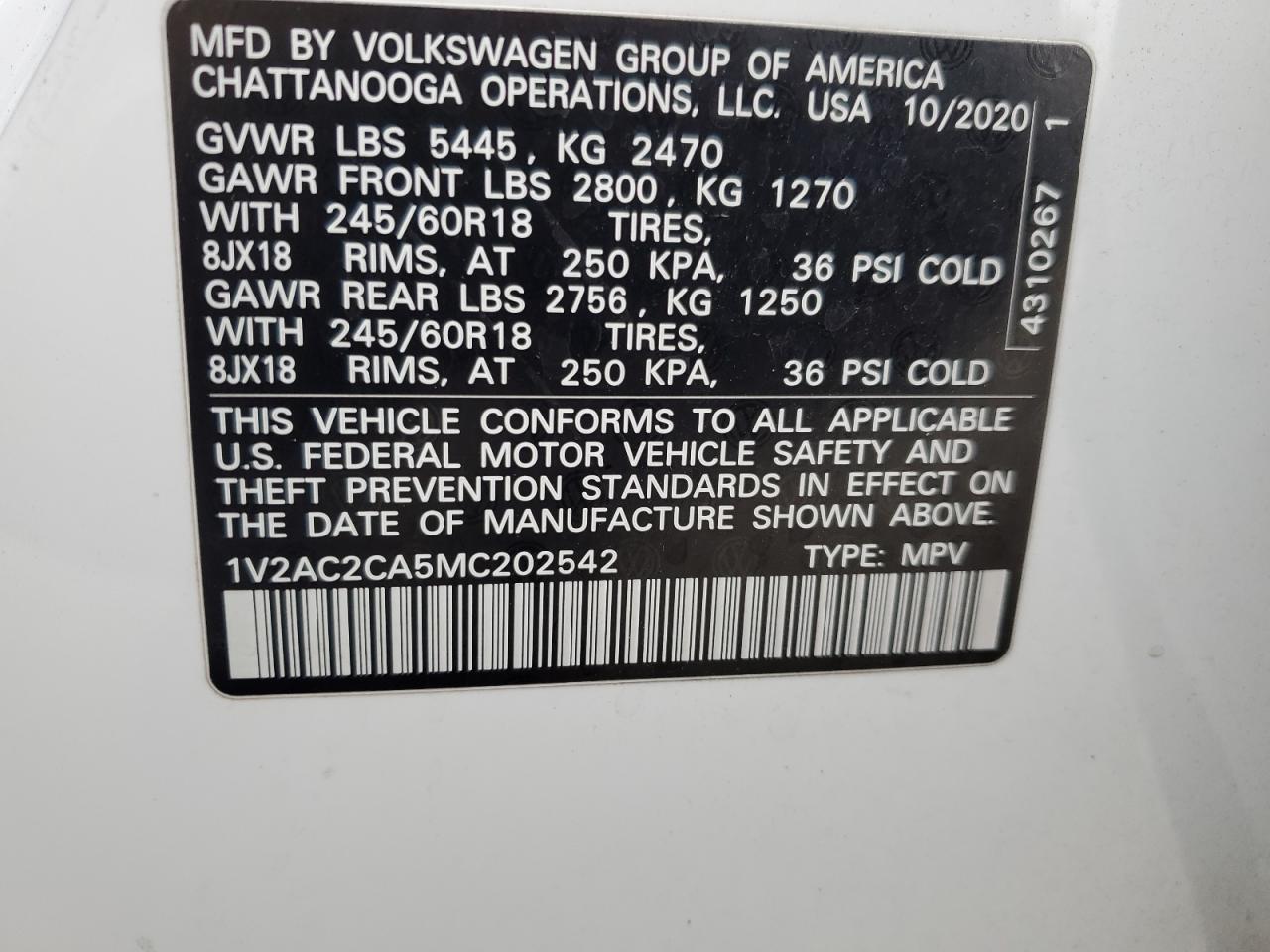 2021 Volkswagen Atlas Cross Sport S VIN: 1V2AC2CA5MC202542 Lot: 84806965