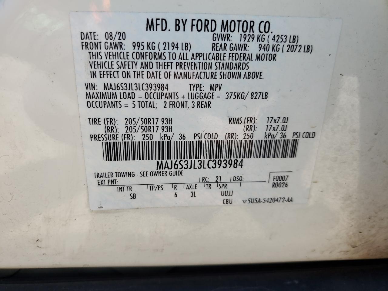 2020 Ford Ecosport Ses VIN: MAJ6S3JL3LC393984 Lot: 70275795