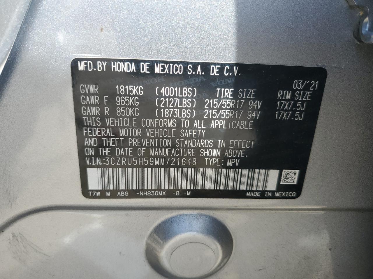 2021 Honda Hr-V Ex VIN: 3CZRU5H59MM721648 Lot: 80704895