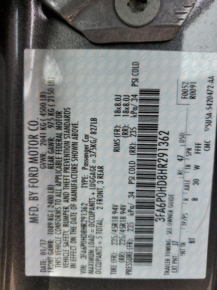 2017 Ford Fusion Se VIN: 3FA6P0HD8HR291362 Lot: 81489355