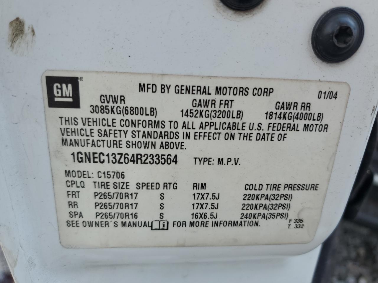 2004 Chevrolet Tahoe C1500 VIN: 1GNEC13Z64R233564 Lot: 82150225