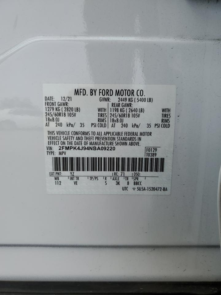 2022 Ford Edge Sel VIN: 2FMPK4J94NBA09220 Lot: 83765745