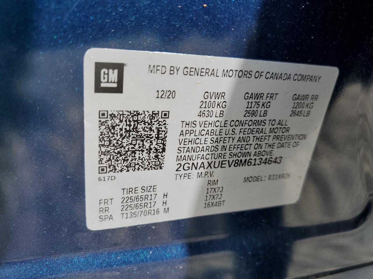 2021 Chevrolet Equinox Lt VIN: 2GNAXUEV8M6134643 Lot: 70527845