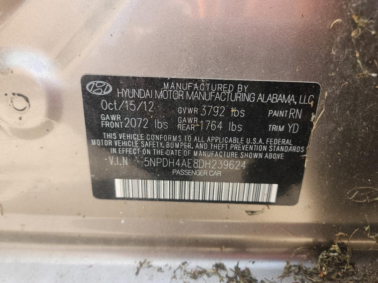 2013 Hyundai Elantra Gls VIN: 5NPDH4AE8DH239624 Lot: 71497325