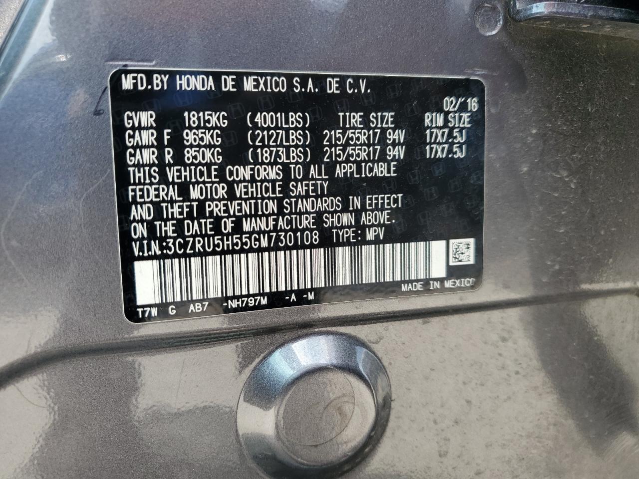 2016 Honda Hr-V Ex VIN: 3CZRU5H55GM730108 Lot: 71492855