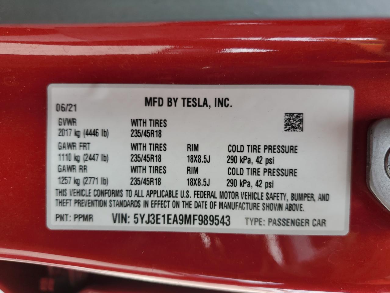 2021 Tesla Model 3 VIN: 5YJ3E1EA9MF989543 Lot: 81551525