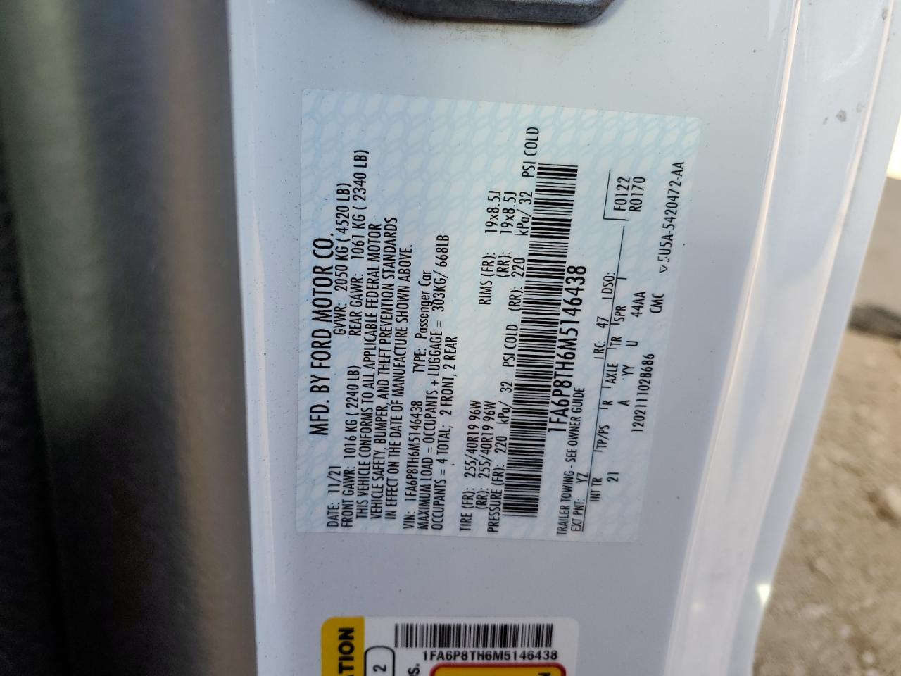 2021 Ford Mustang VIN: 1FA6P8TH6M5146438 Lot: 80247845