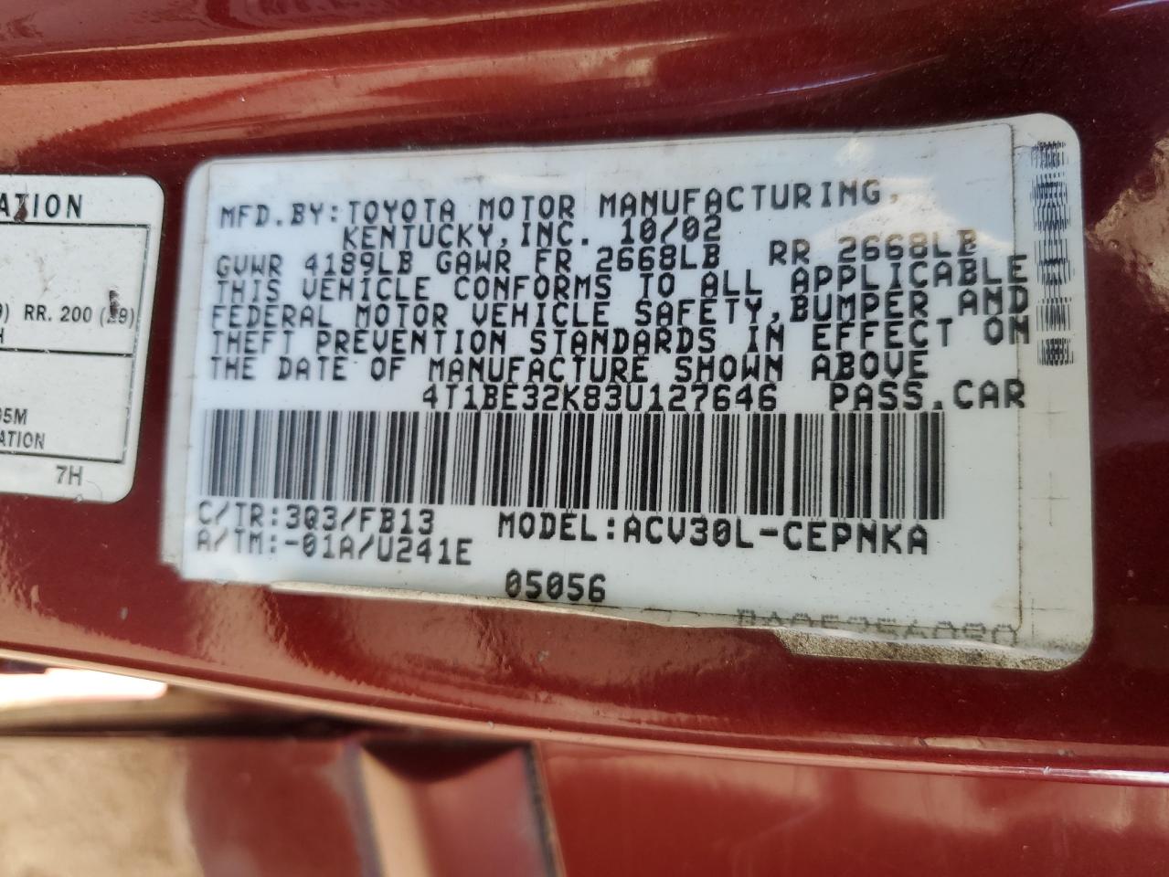 2003 Toyota Camry Le VIN: 4T1BE32K83U127646 Lot: 80202405