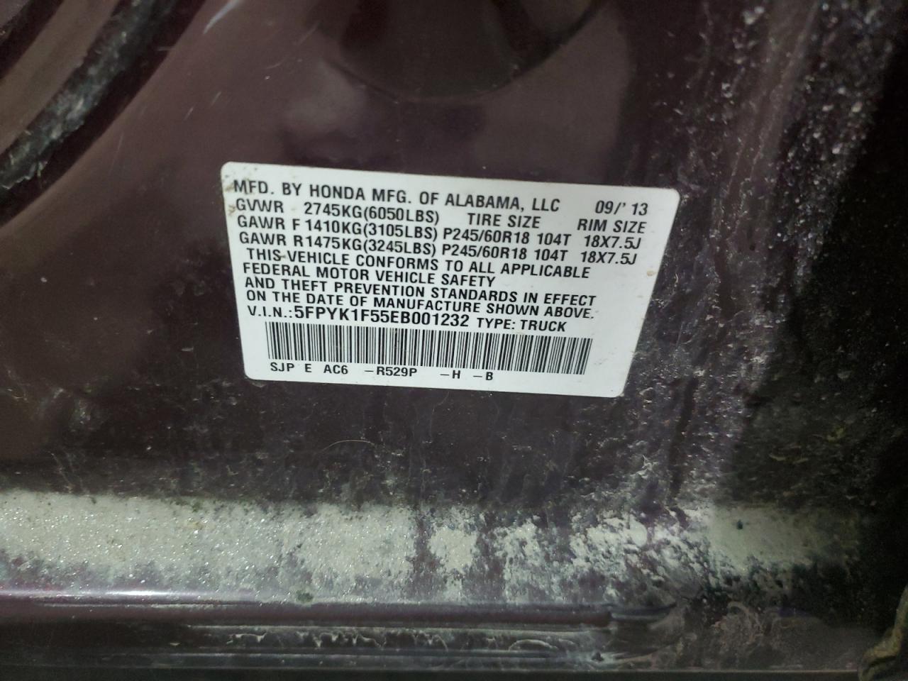 2014 Honda Ridgeline Rtl VIN: 5FPYK1F55EB001232 Lot: 83933735