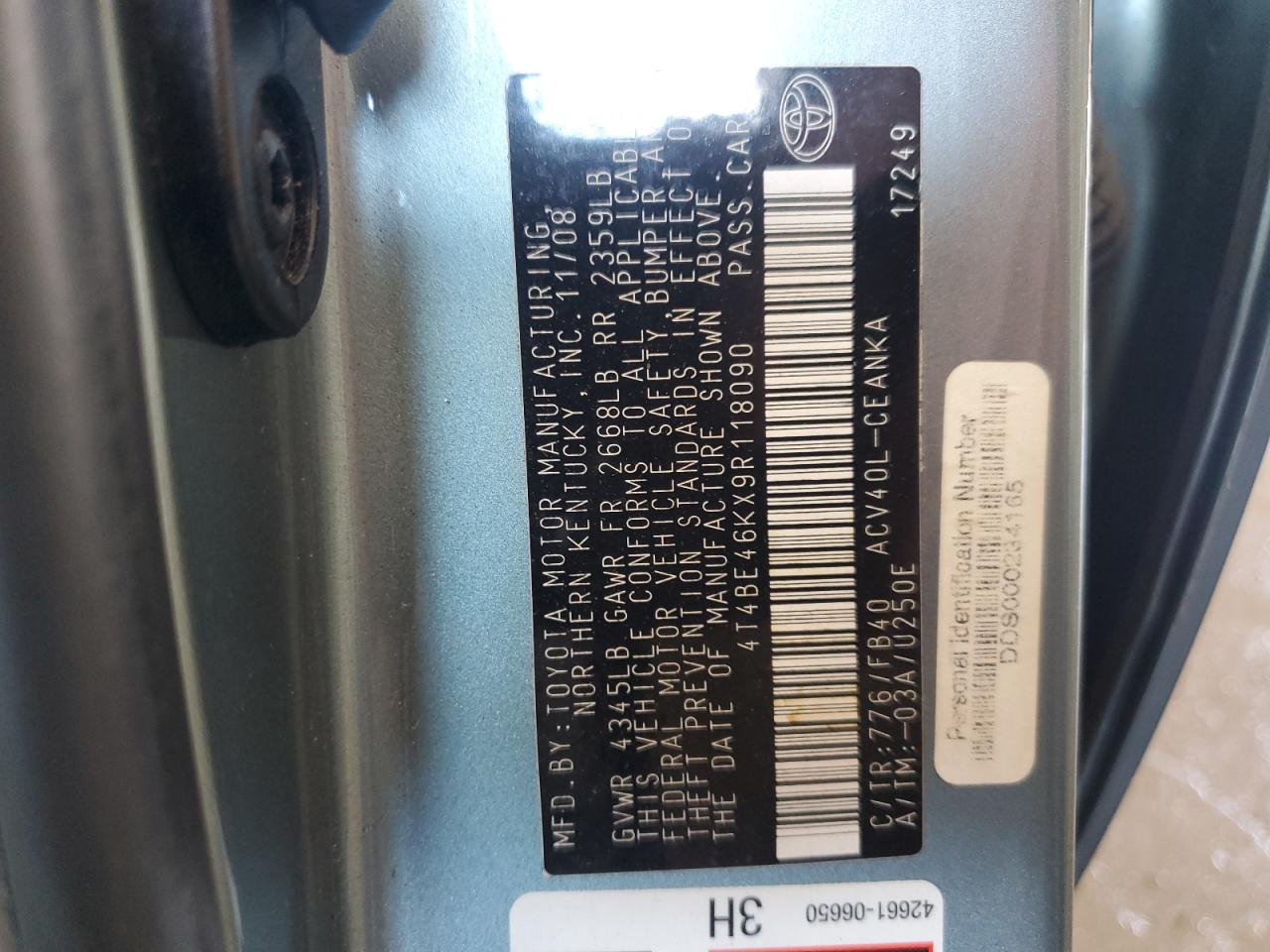 2009 Toyota Camry Base VIN: 4T4BE46KX9R118090 Lot: 83969385