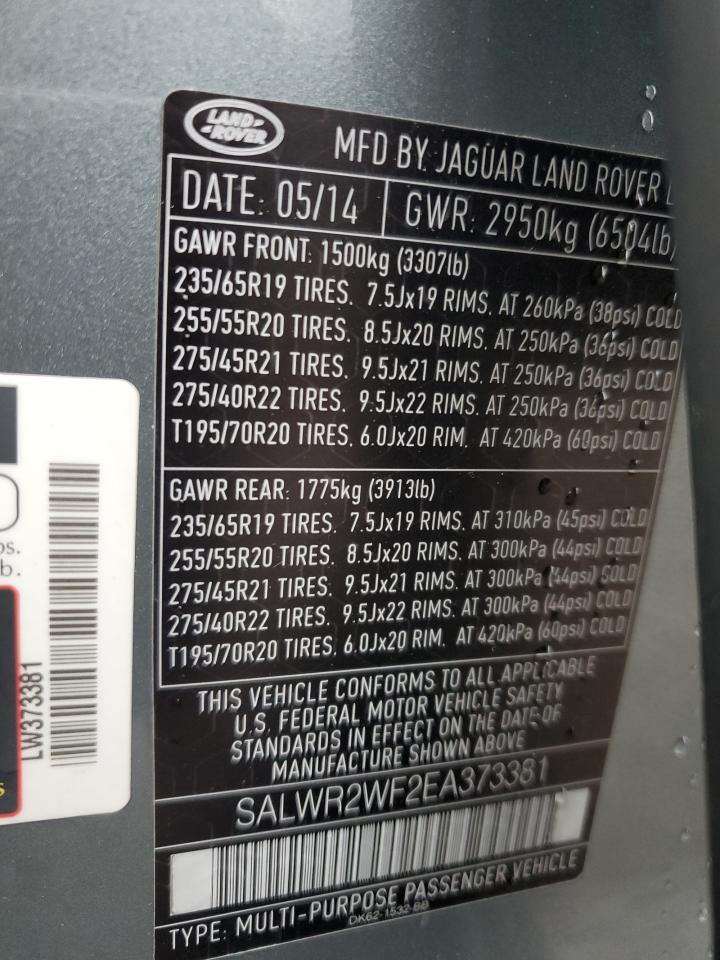 2014 Land Rover Range Rover Sport Hse VIN: SALWR2WF2EA373381 Lot: 82059455